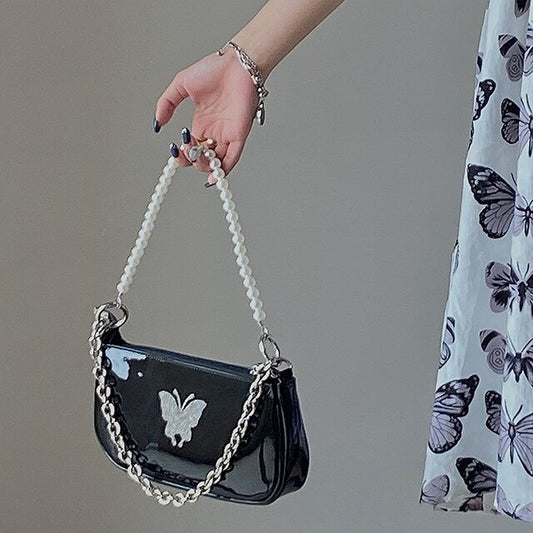 Butterfly Pearl Patent Leather Women's Shoulder Bag
