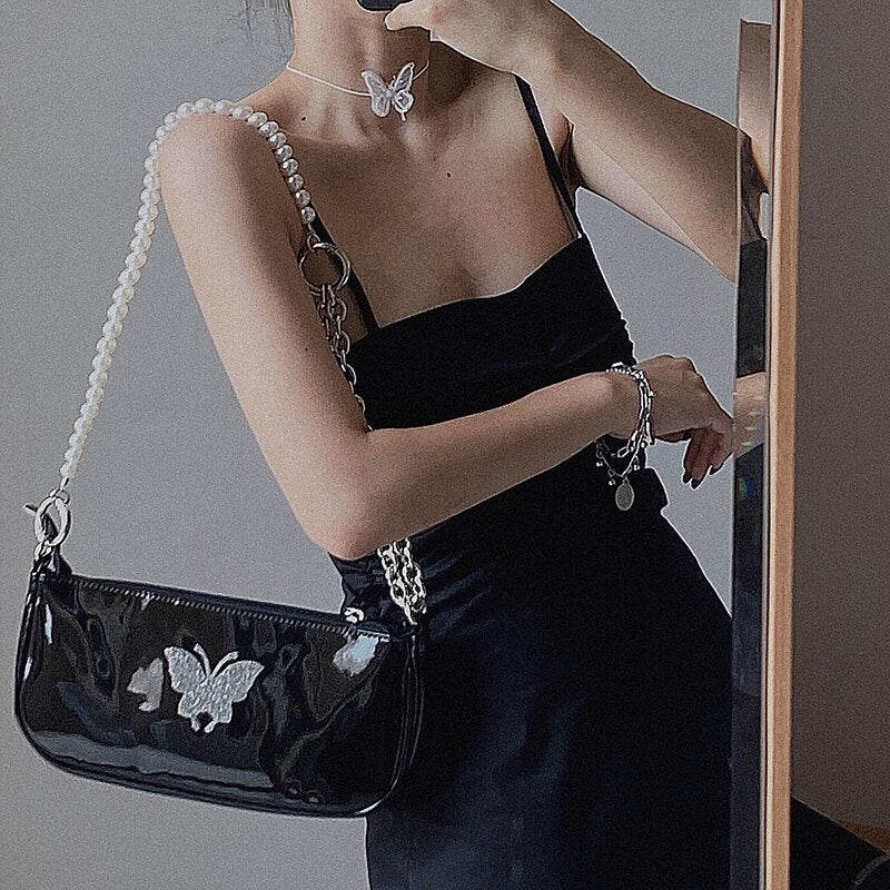 Butterfly Pearl Patent Leather Women's Shoulder Bag