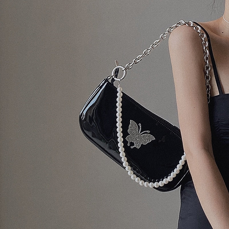 Butterfly Pearl Patent Leather Women's Shoulder Bag