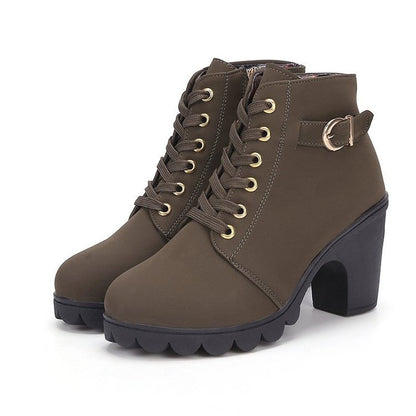 Women's Short Boots with Lace-Up and Side Zipper