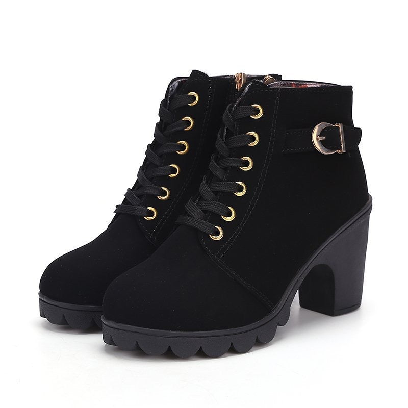 Women's Short Boots with Lace-Up and Side Zipper