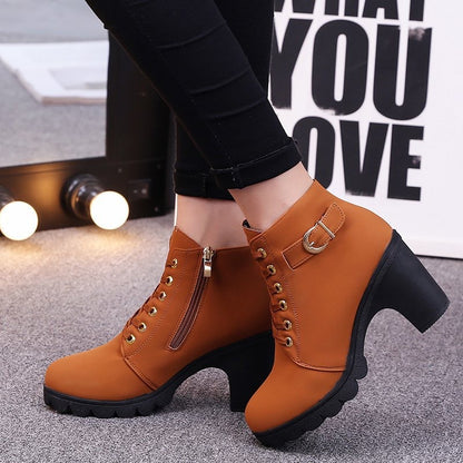 Women's Short Boots with Lace-Up and Side Zipper