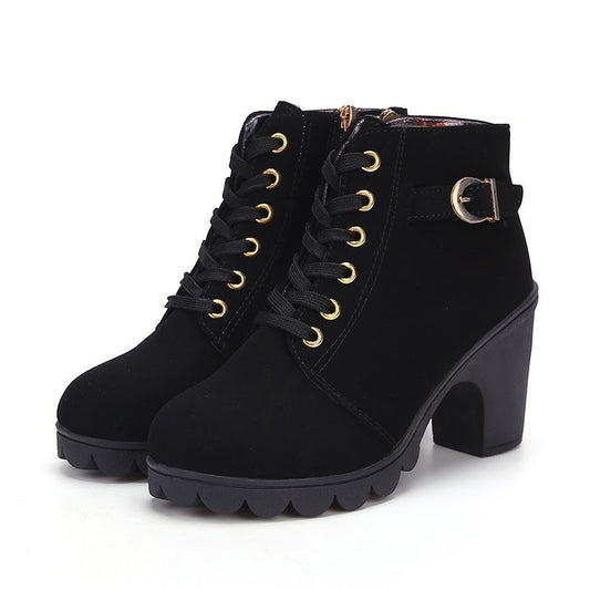 Women's Short Boots with Lace-Up and Side Zipper