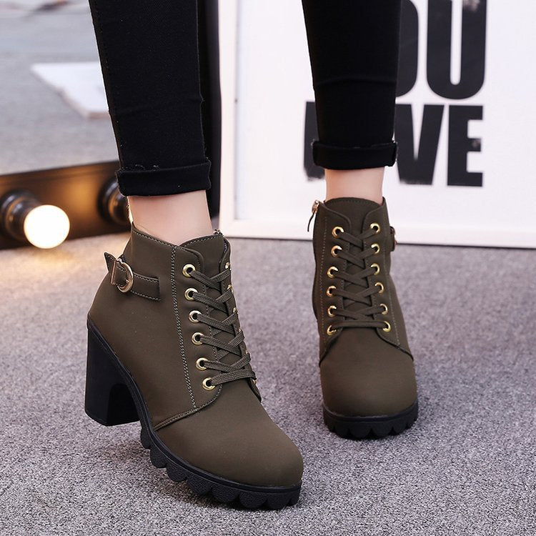 Women's Short Boots with Lace-Up and Side Zipper