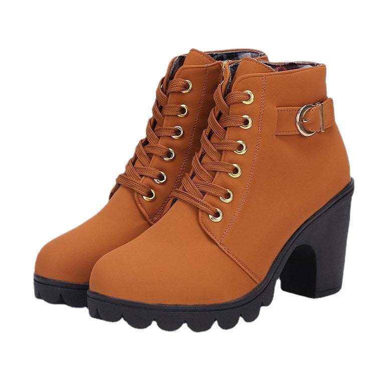 Women's Short Boots with Lace-Up and Side Zipper