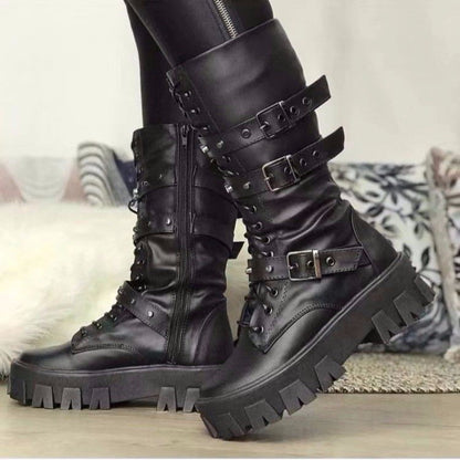 Punk Women's Mid Boots with Lace-up and Side Zip