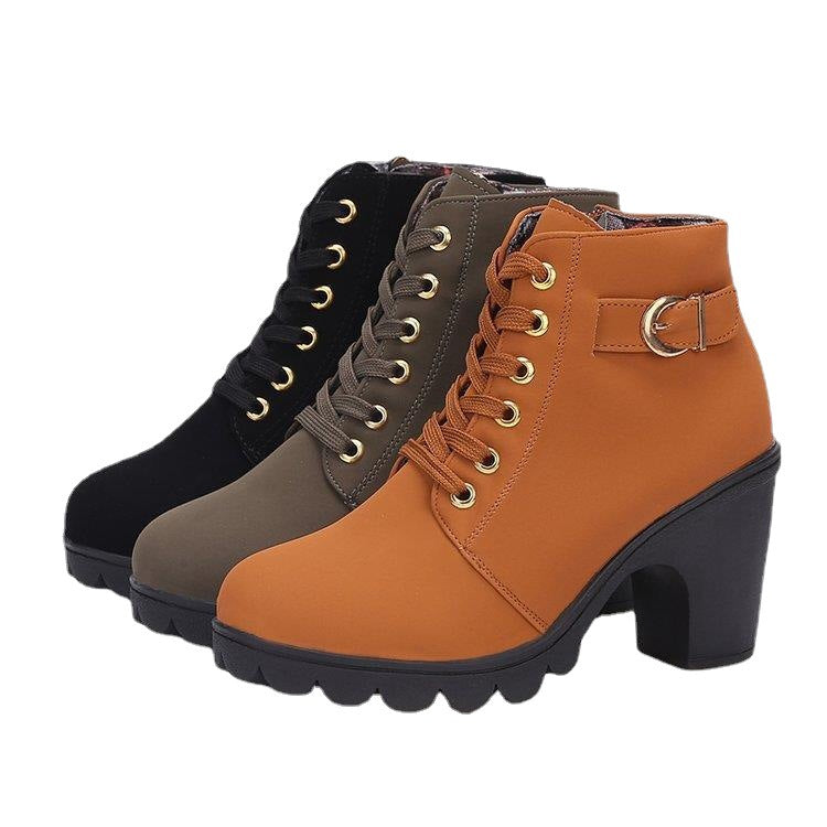 Women's Short Boots with Lace-Up and Side Zipper