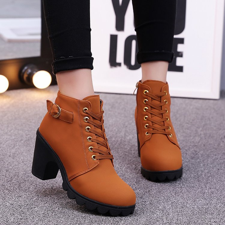 Women's Short Boots with Lace-Up and Side Zipper