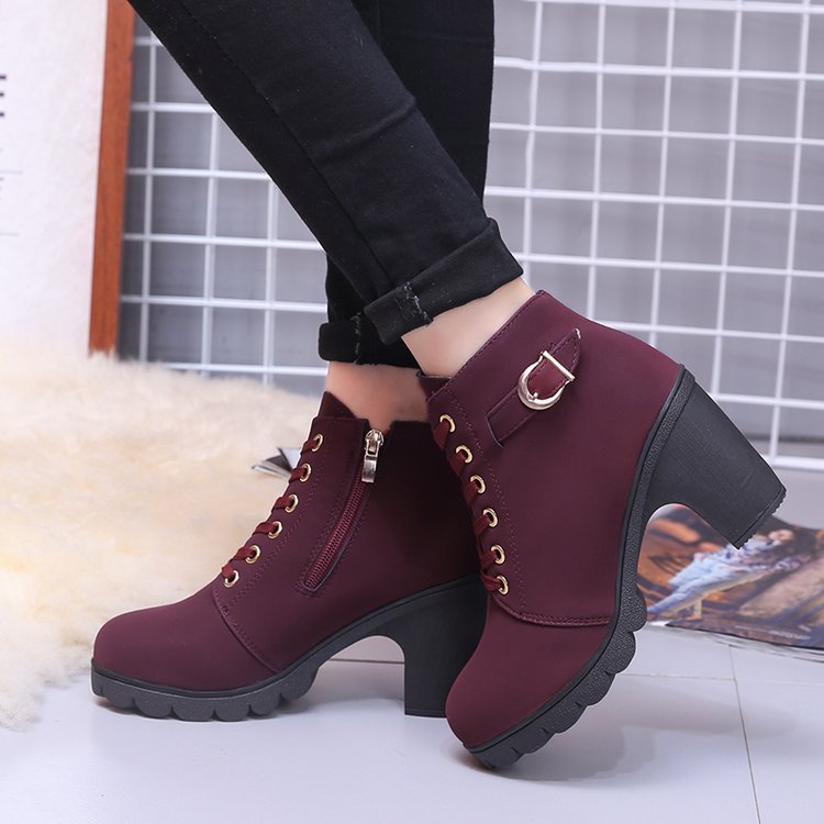 Women's Short Boots with Lace-Up and Side Zipper