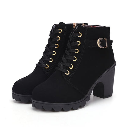 Women's Short Boots with Lace-Up and Side Zipper