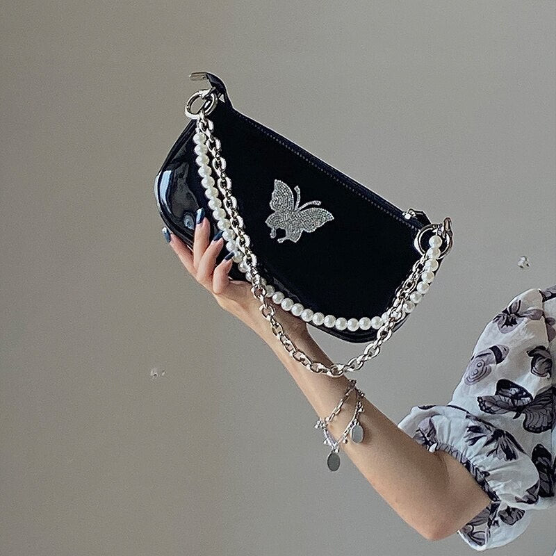 Butterfly Pearl Patent Leather Women's Shoulder Bag