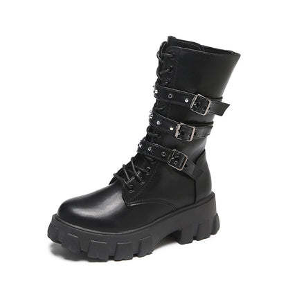 Punk Women's Mid Boots with Lace-up and Side Zip
