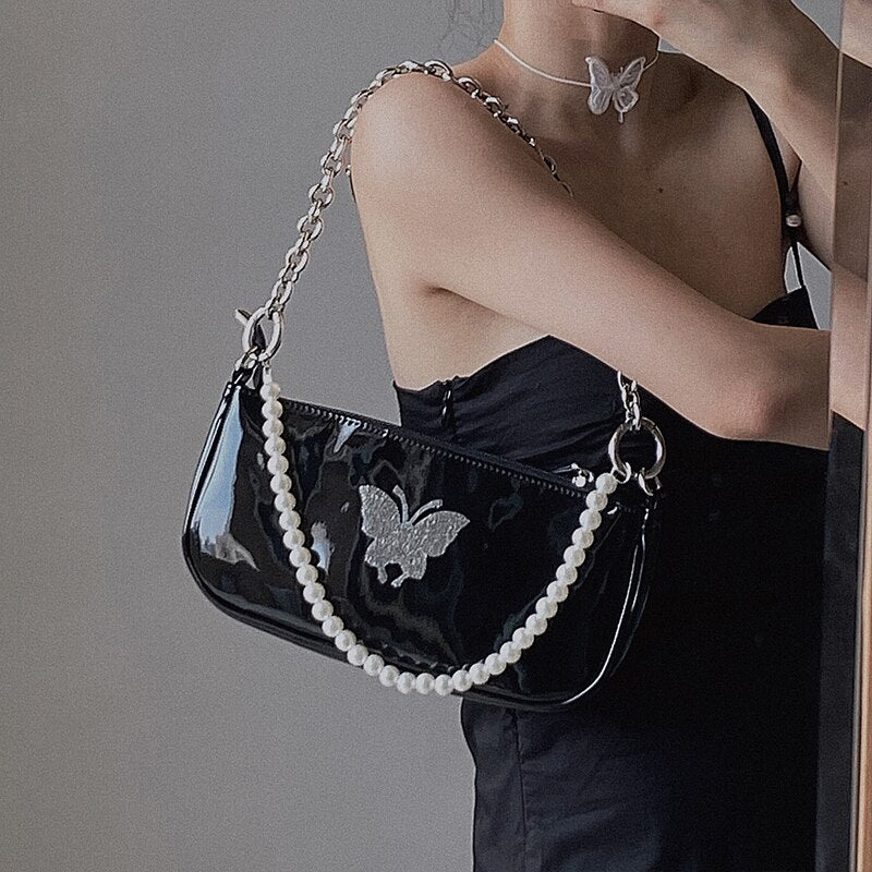 Butterfly Pearl Patent Leather Women's Shoulder Bag
