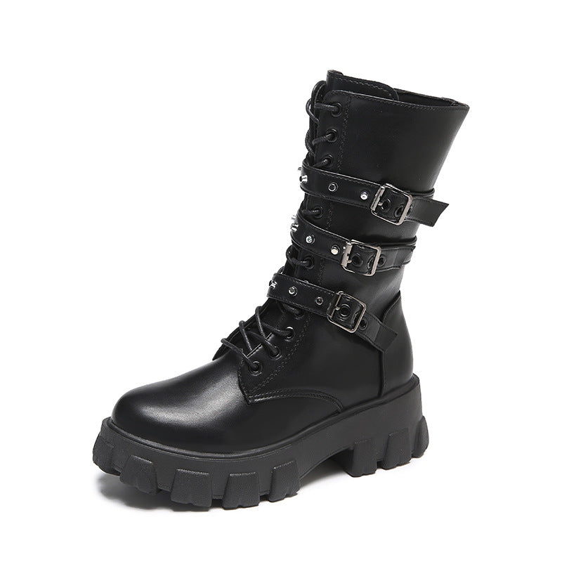 Punk Women's Mid Boots with Lace-up and Side Zip